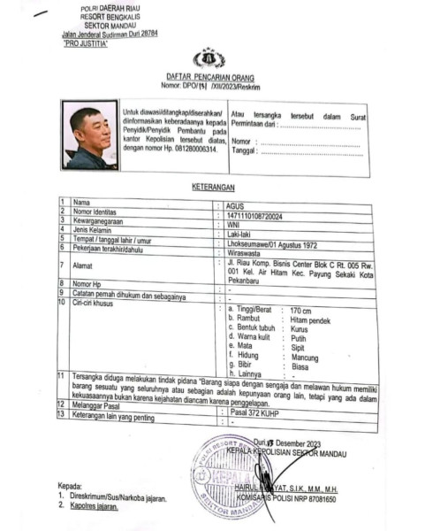 Agus Diduga Terlibat Penggelapan Jadi DPO Polsek Mandau